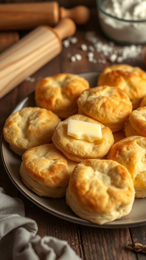 A plate of golden brown flaky butter biscuits with melting butter on top, set in a rustic kitchen.